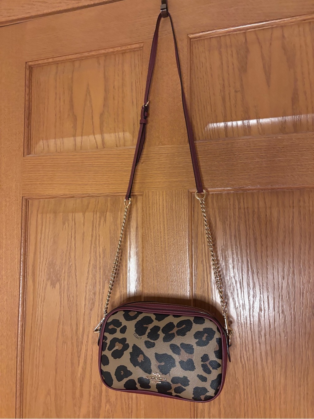 Leopard Print Crossbody Bag with Burgundy Trim RETIRED